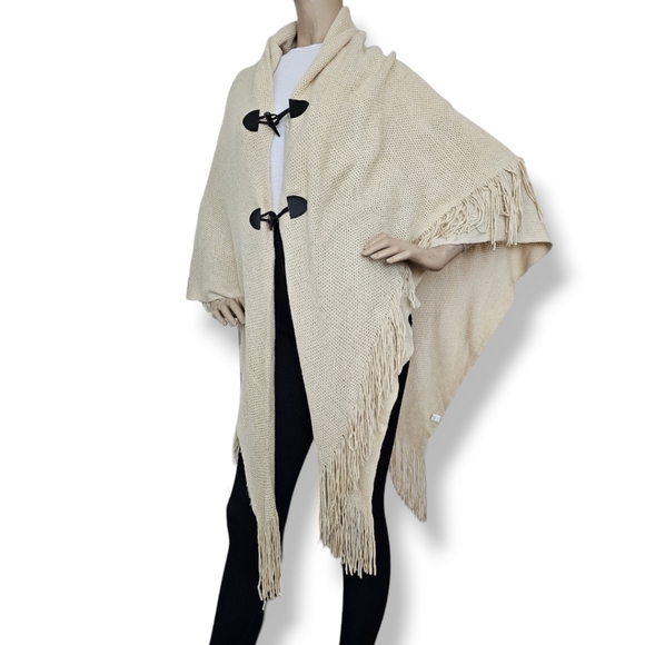 Cream Knit Fringe Hem Horn Buckle Cape Shawl Poncho by Bong Bong - Picture 6 of 7